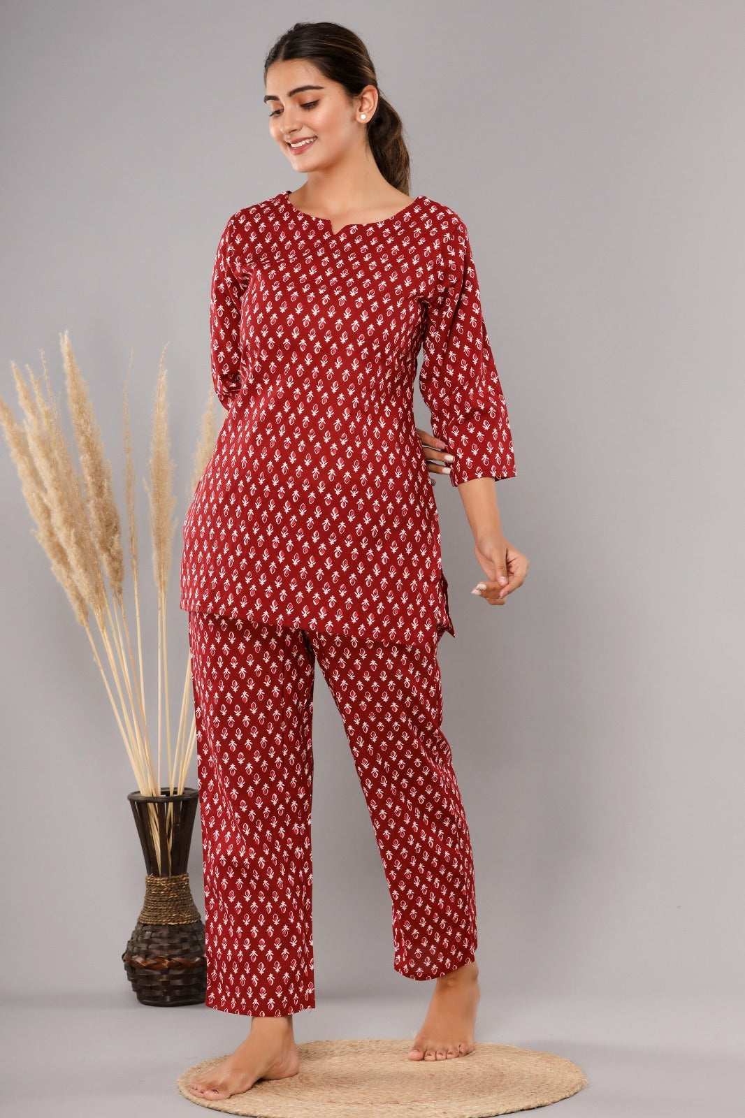 Red Buta Cotton Printed Night Suits