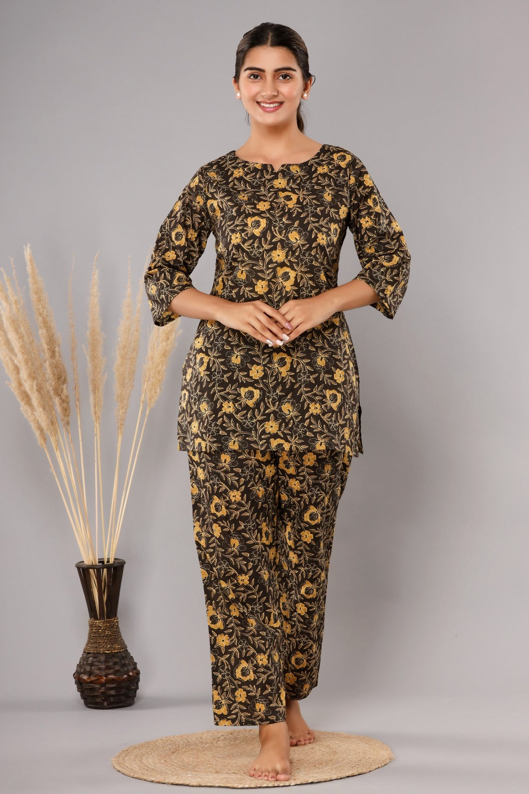 Dark Brown Cotton Printed Night Suits