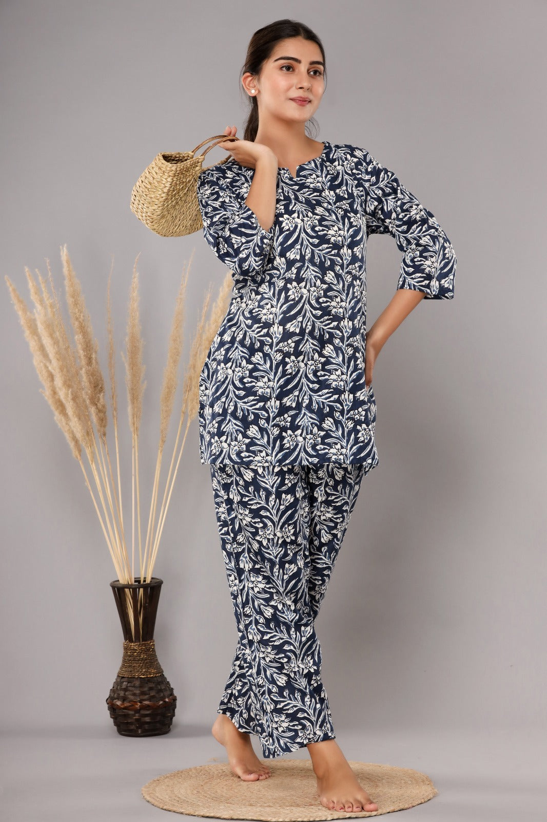 Dark Blue Cotton Printed Night Suits