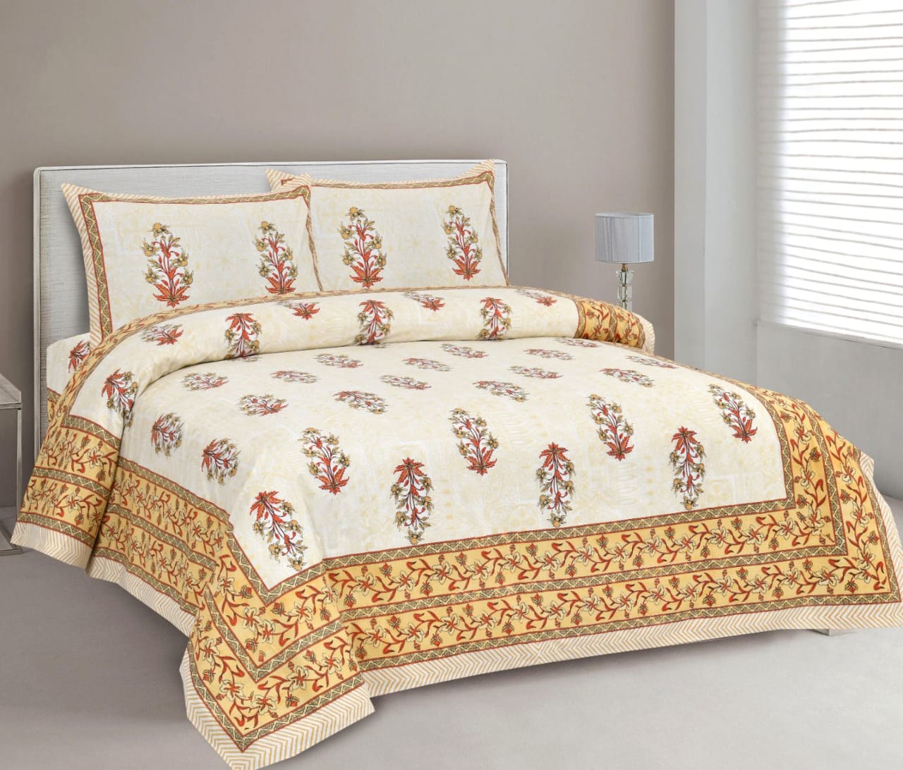 White and Mustard Cotton Bedsheet