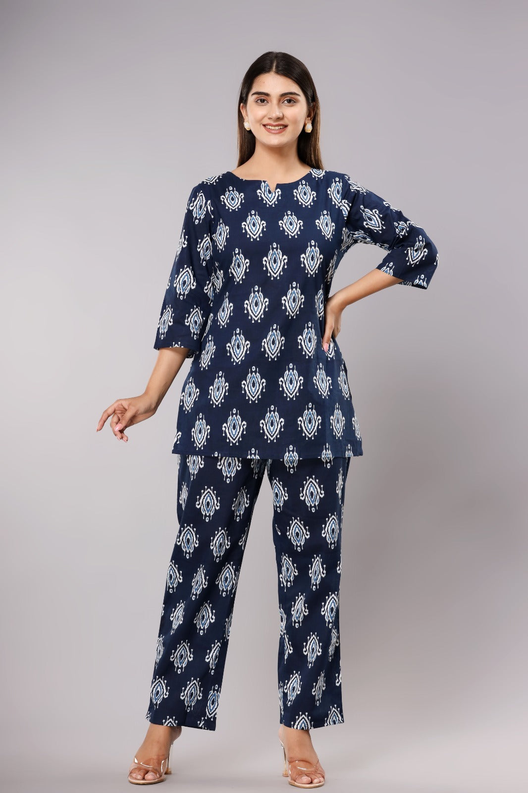 Blue Ikat Cotton Printed Night Suits