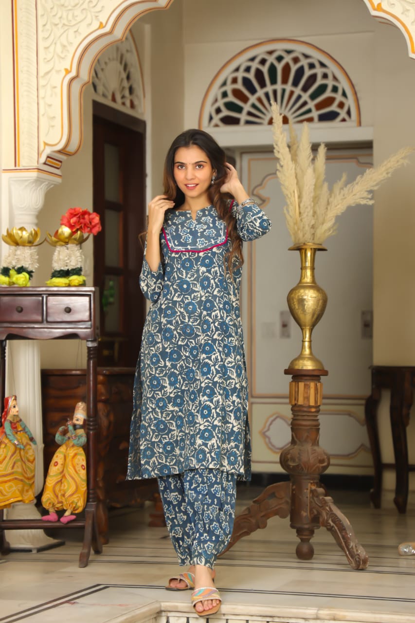 Blue hand block kurta set