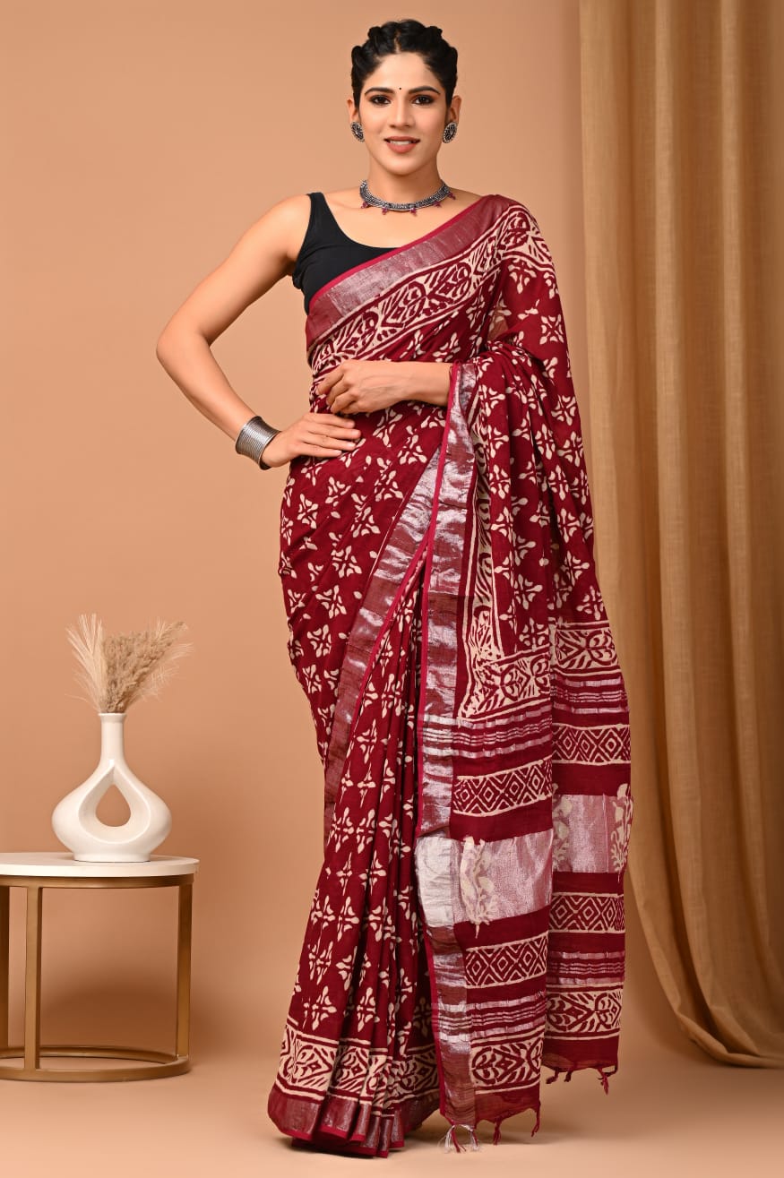 Maroon Bagru Print Saree