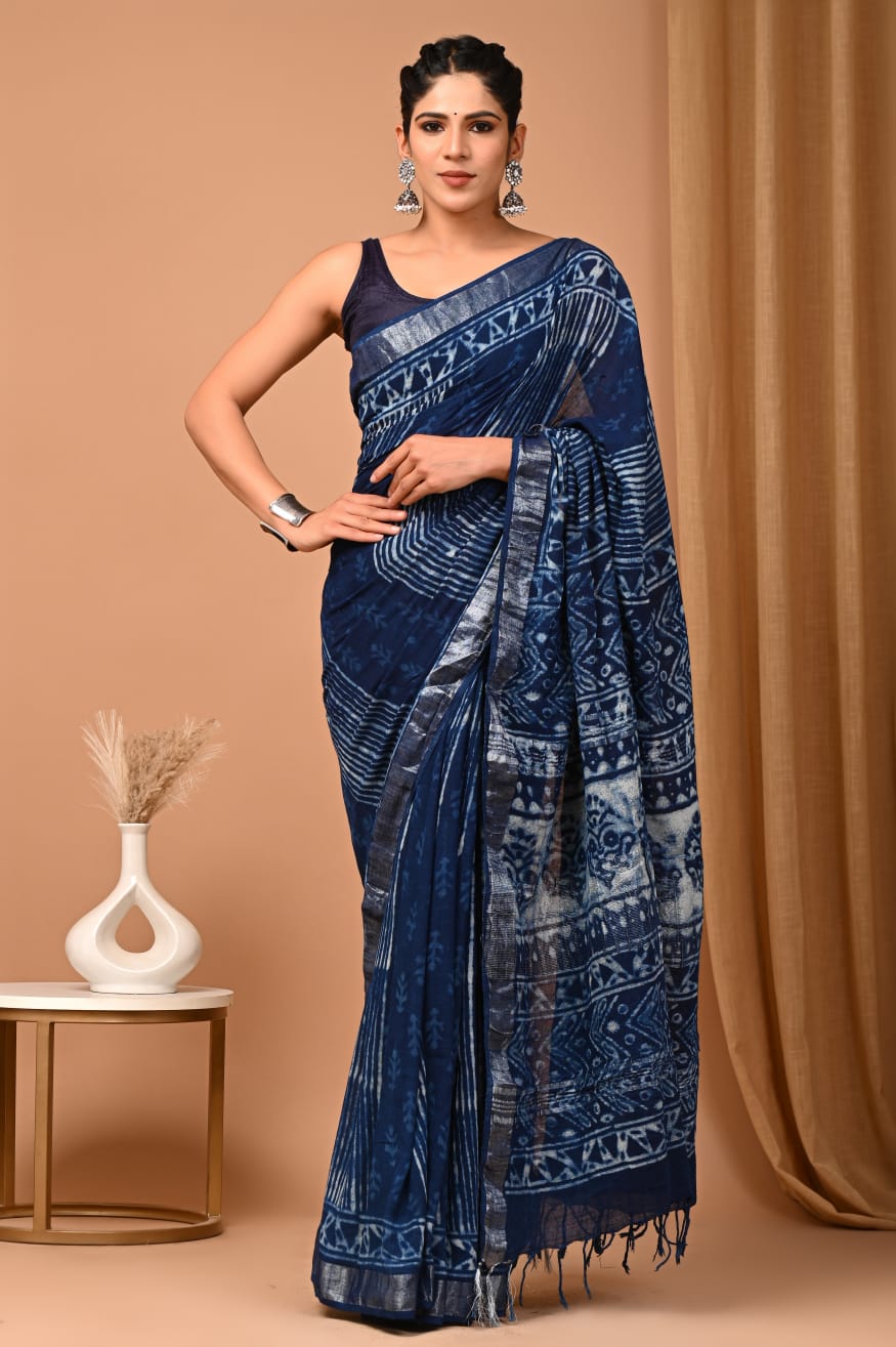 Indigo Bagru Print Saree