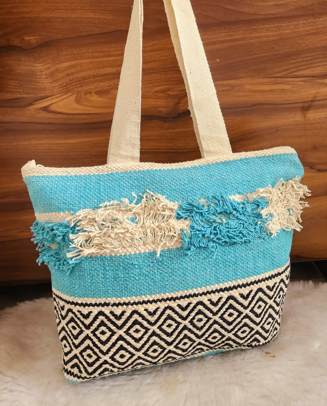 Fringed Blue Tote Bag