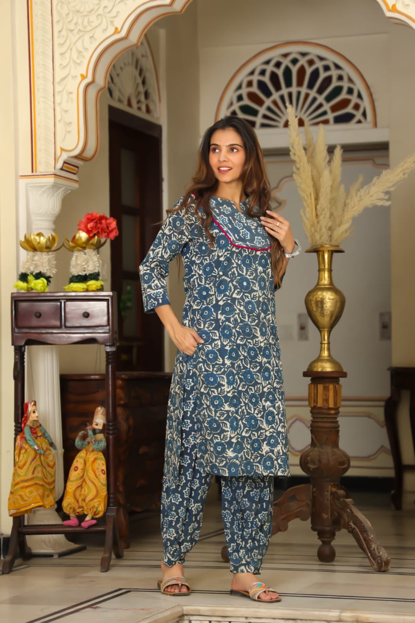 Blue hand block kurta set