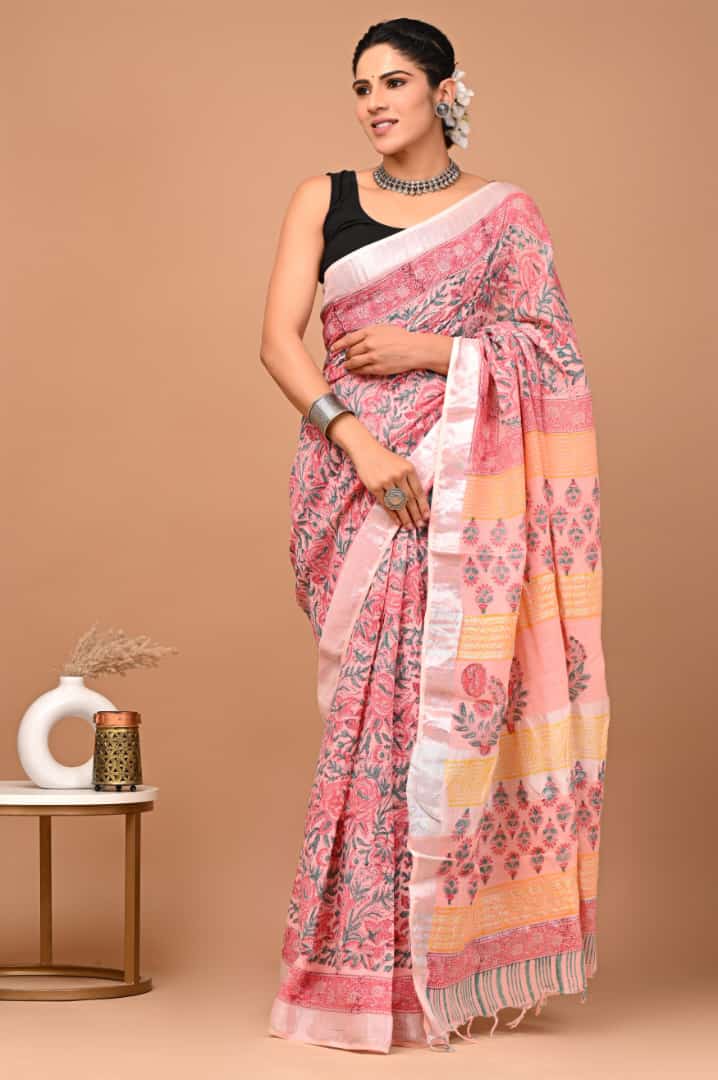 Baby Pink Bagru Print Saree