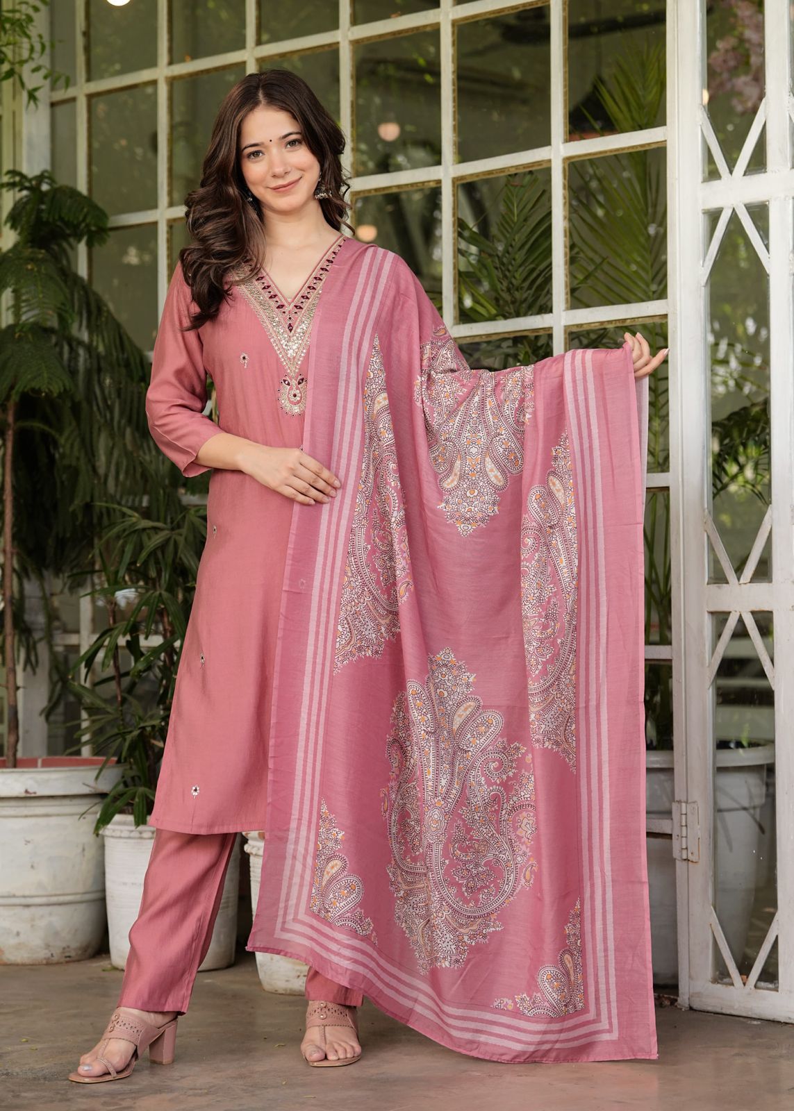 Pink Roman silk kurti set