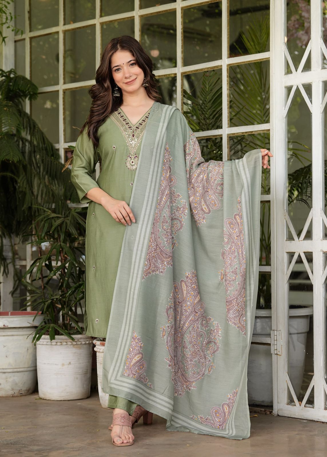 Green Roman silk kurti set