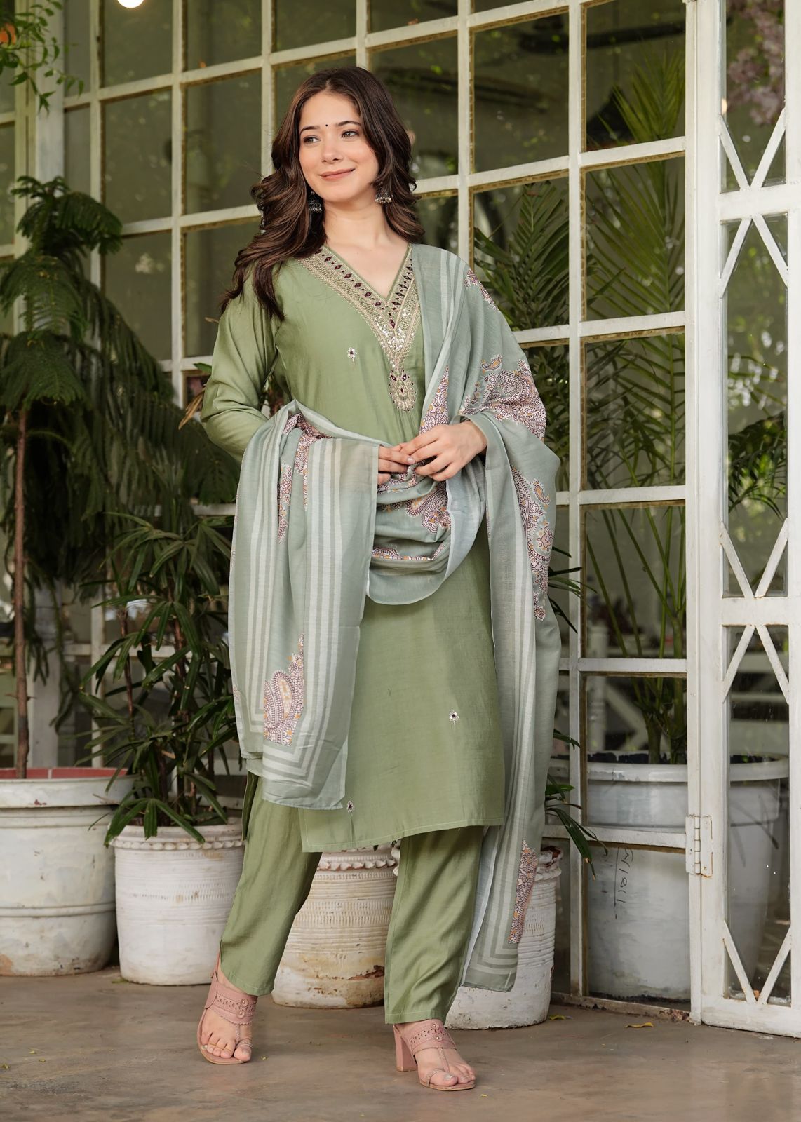 Green Roman silk kurti set