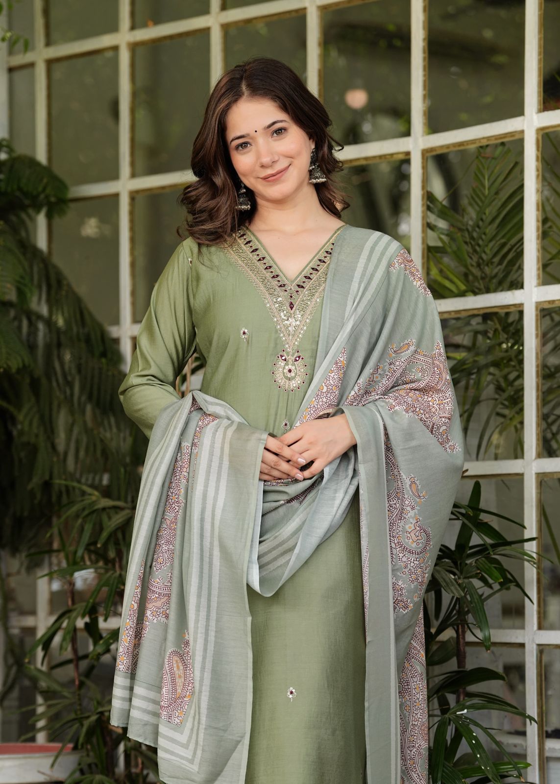 Green Roman silk kurti set