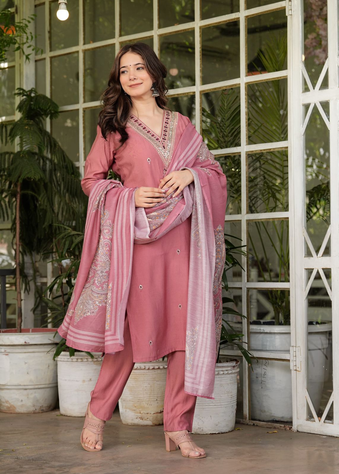 Pink Roman silk kurti set