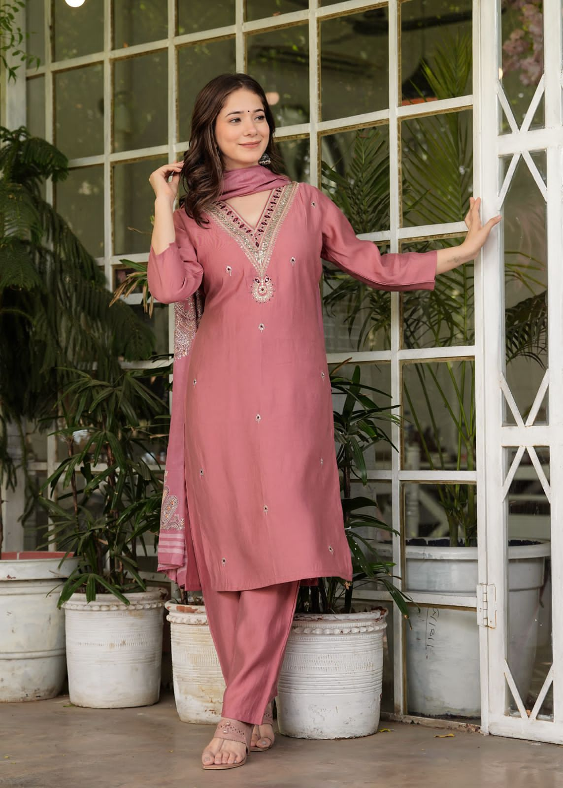 Pink Roman silk kurti set