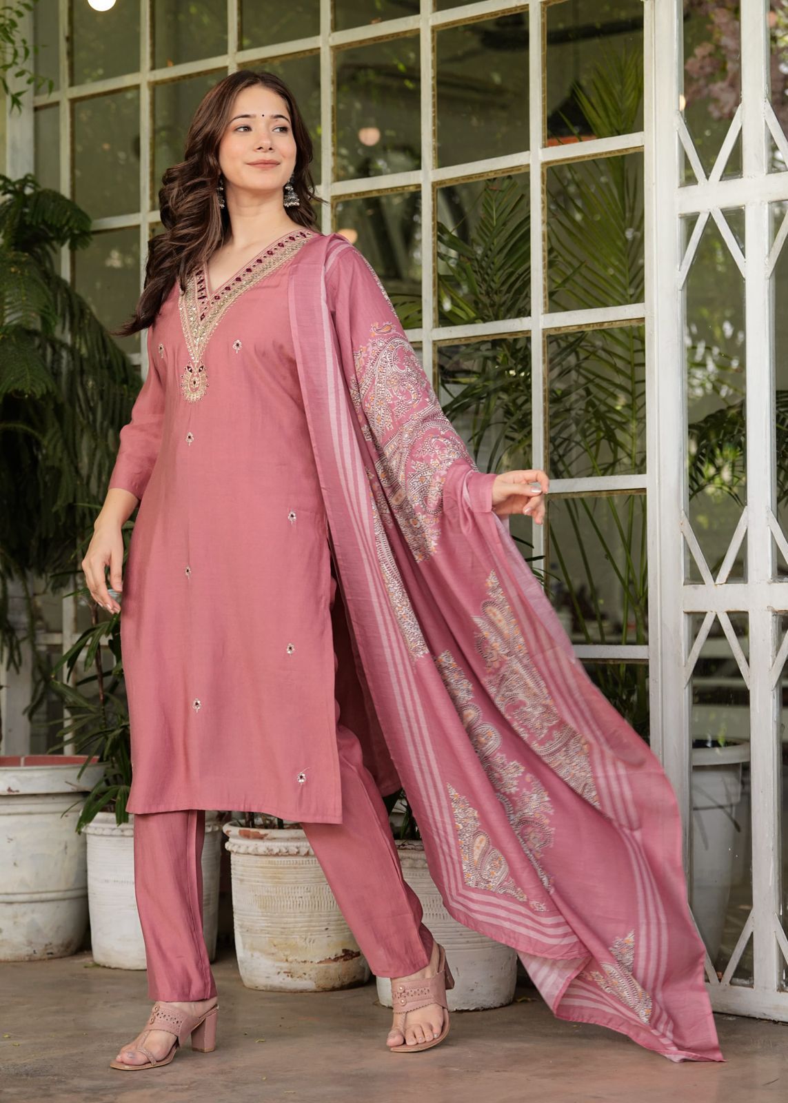 Pink Roman silk kurti set