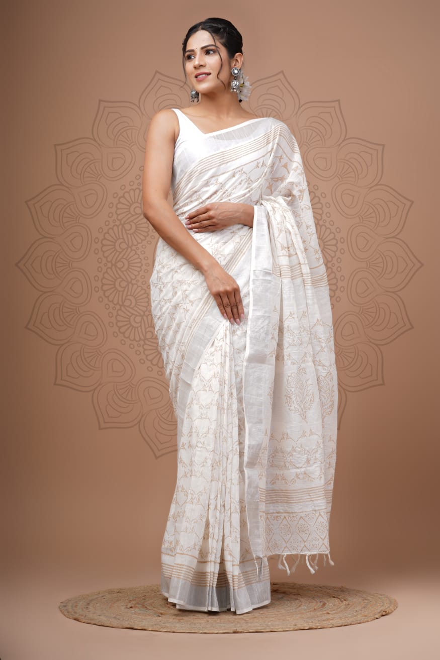 White Bagru Print Saree