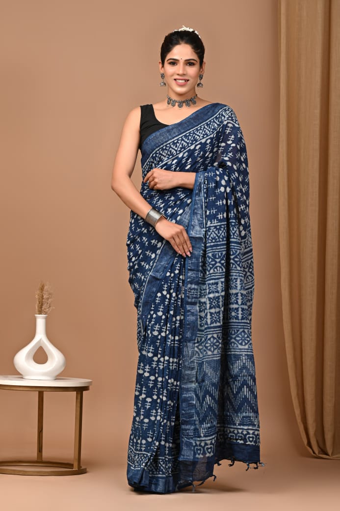 Ink Blue Bagru Print Saree