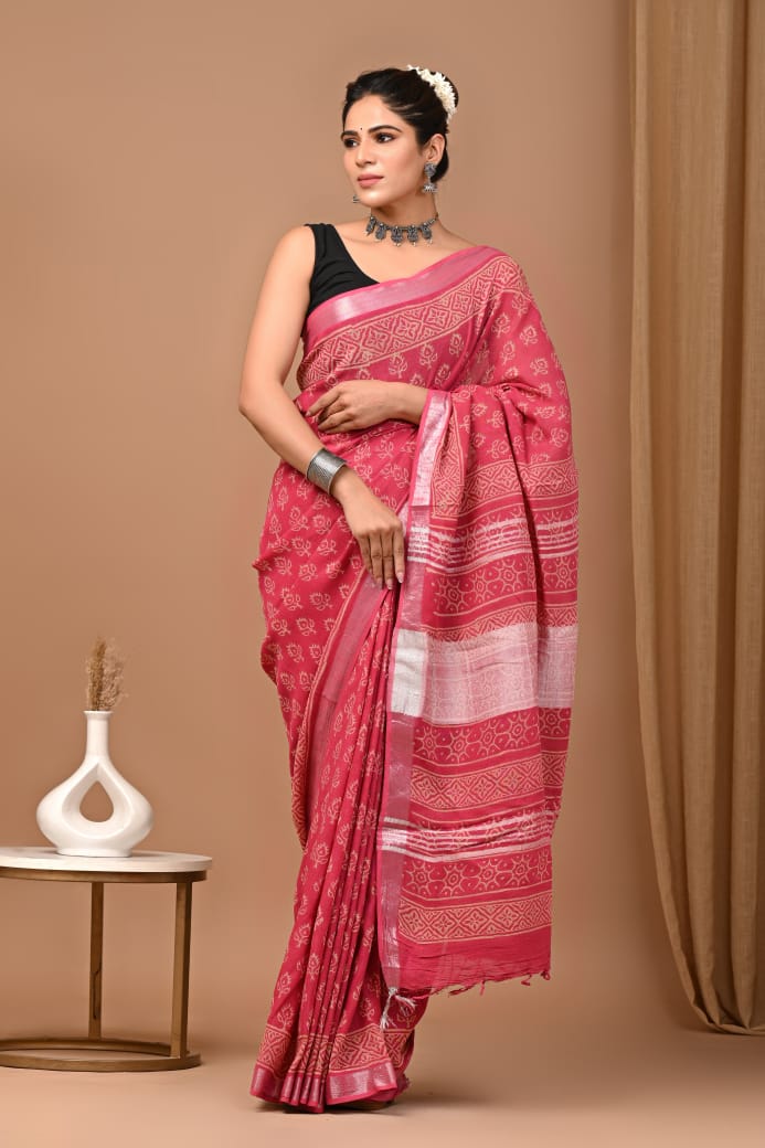 Hot Pink Bagru Print Saree