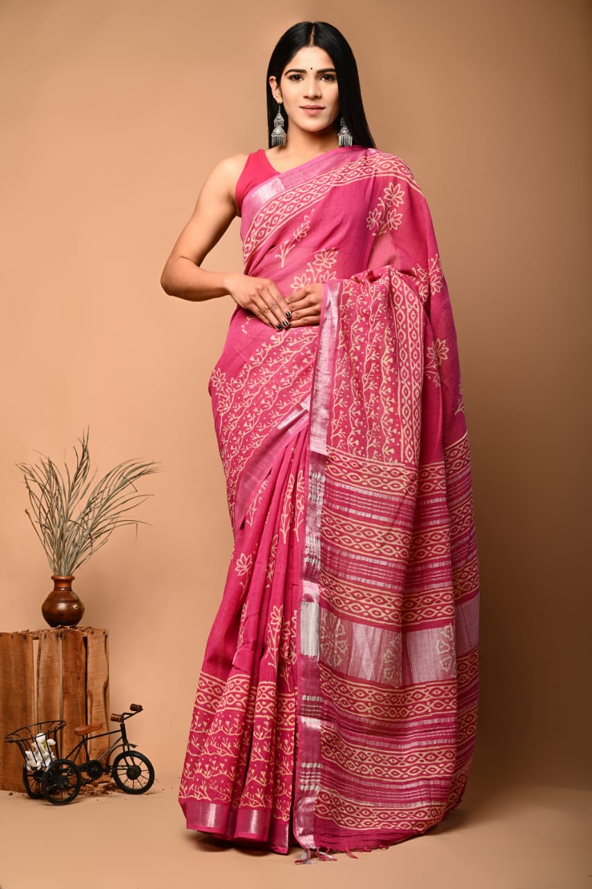 Sweet Pink Bagru Print Saree